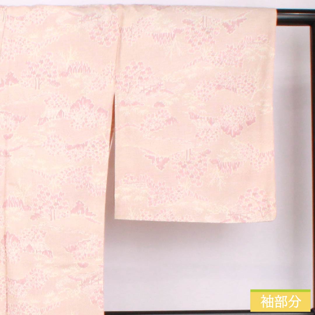 紬 正絹 身丈169.5cm 裄丈67cm 浅蘇芳色(あさきすおういろ) 風景模様 Sランク 単衣 ピンク系 1116003822513