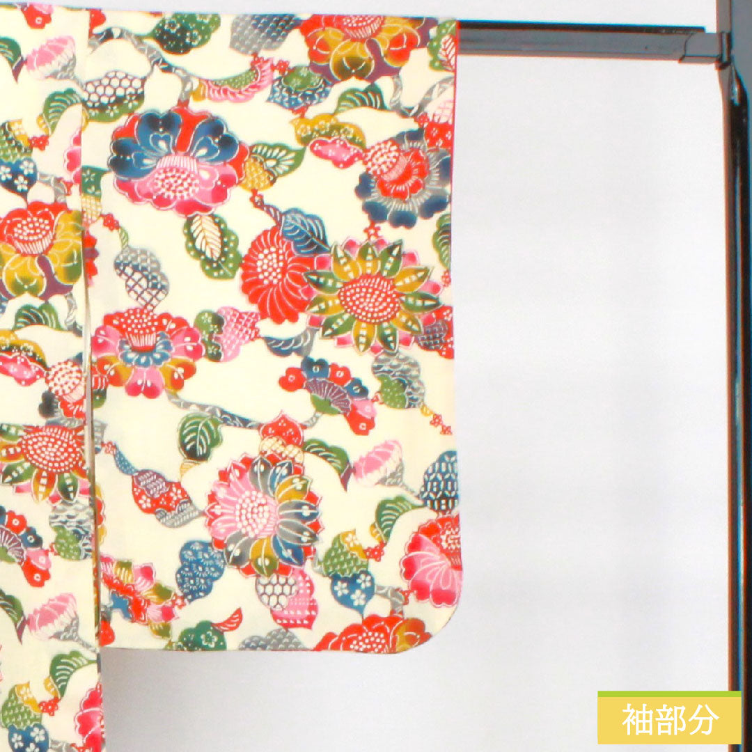 小紋 正絹 身丈158cm 裄丈62cm 袷 乳白色(にゅうはくしょく) 京紅型 草花模様 Aランク クリーム系 1115004293315