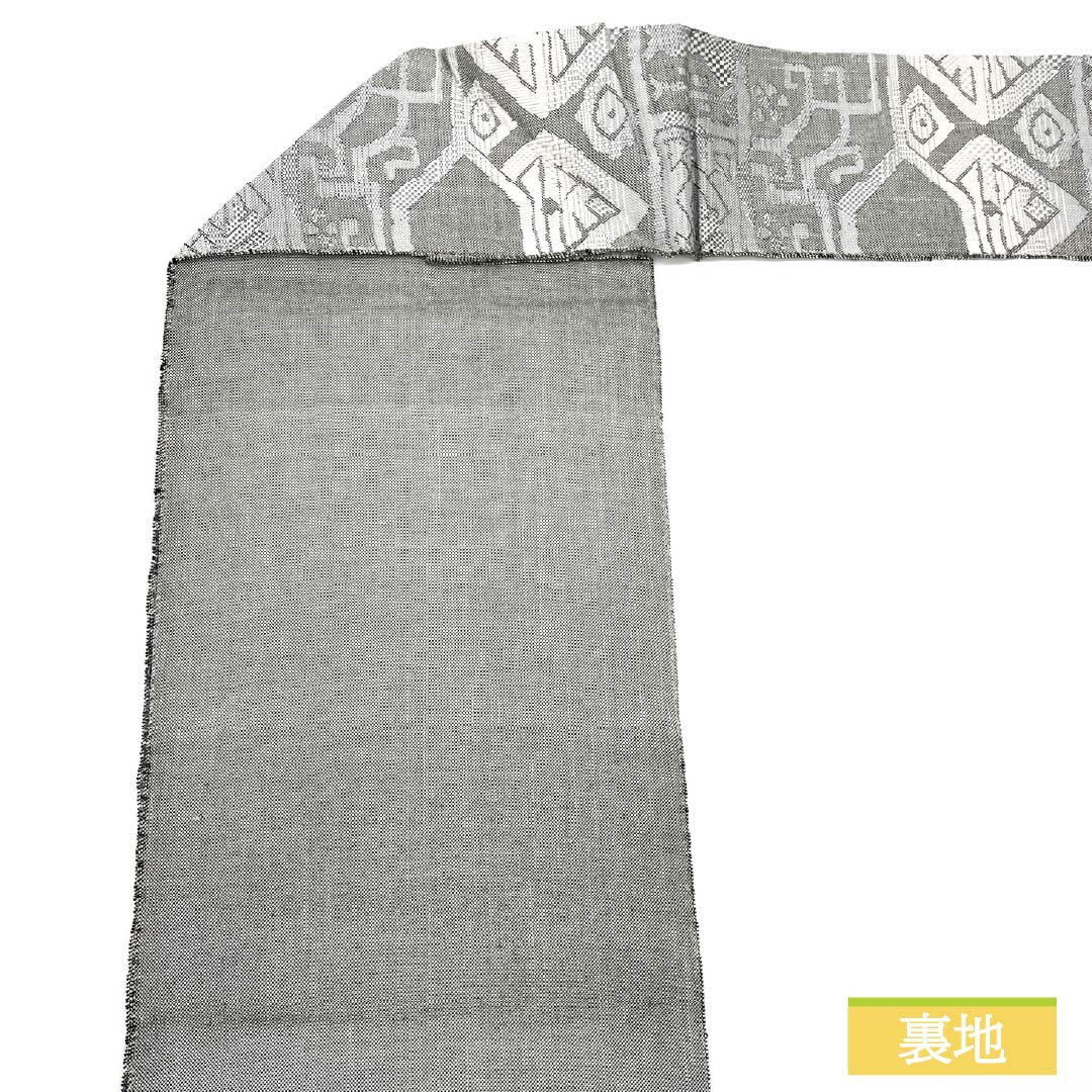 Nagoya obi, gray-blue, abstract pattern, obi length 358cm, pure silk, S rank, six-pass, casual, gray, 1124007512322, Nagoya style