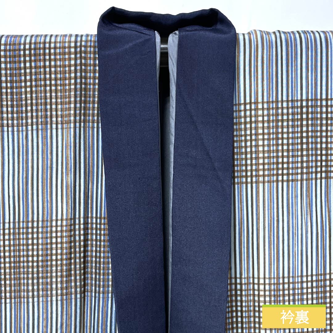 メンズ襦袢 正絹 Sランク 身丈138cm 裄丈69cm しけ引き染め 格子 袷 マルチカラー 1140000892328