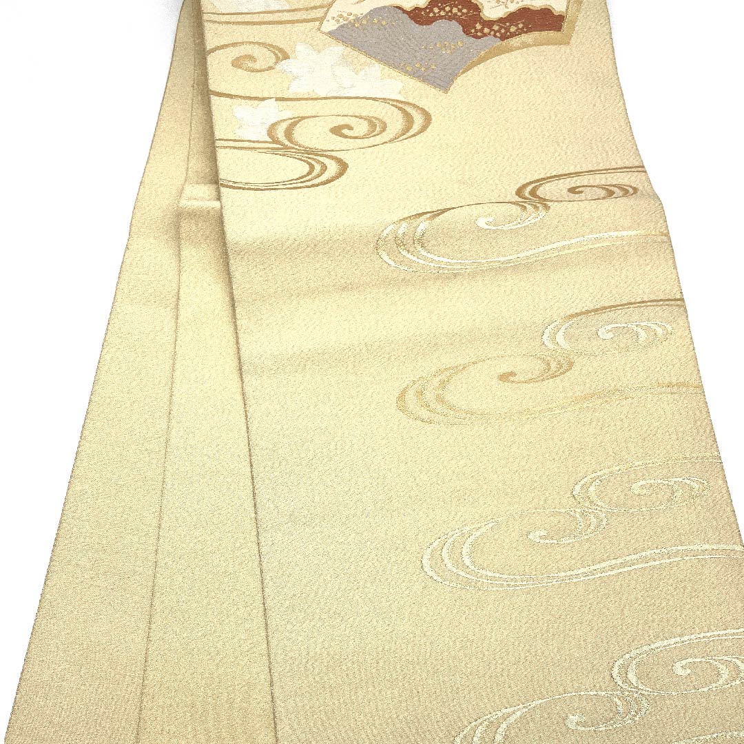 Fukuro obi (torinoko color) Kanze Ryusui (water flowing stream), fan surface, auspicious motif, obi length 436cm, pure silk, A rank, point pattern, formal, cream color, 1123007923315