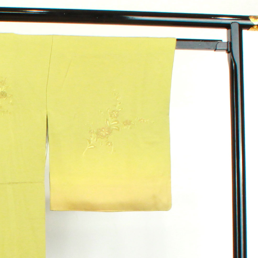 訪問着 正絹 袷 身丈156.5cm 裄丈65cm 浅青朽葉色 蘇州刺繡 汕頭刺繡 草花模様 作家物 五三桐 Sランク 緑系 1112003122319