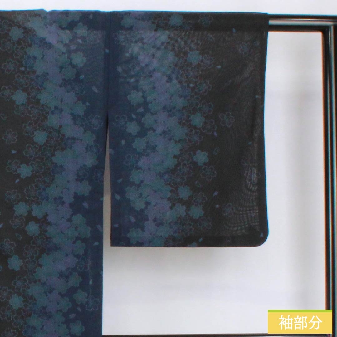 Summer kimono, polyester, small pattern, length 163.5cm, sleeve length 65cm, cherry blossom, washable kimono, gauze, S rank, black, 1132001942410