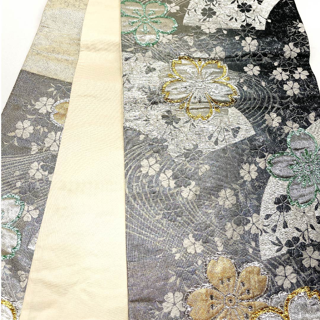 袋帯 シルバー色 桜 流水 振袖用 帯丈430cm 正絹 Sランク 六通 フォーマル 銀系 1123003032322
