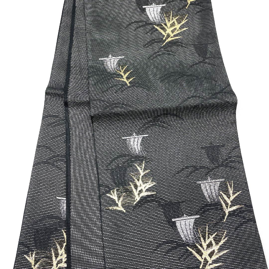 袋帯 夏帯 黒色 帆舟 夏物 帯丈444cm ポリエステル Aランク 六通 セミフォーマル 黒系 1123008553310