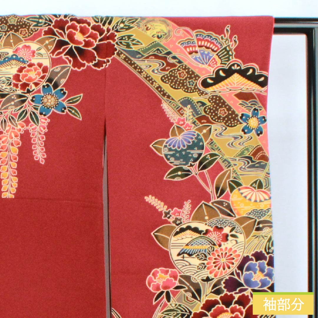 振袖 正絹 Aランク 身丈164.5cm 裄丈67.5cm 袷 牛血紅色(ぎゅうけつこういろ) 京紅型 吉祥文様 夢ガード加工 赤系 1113002923412