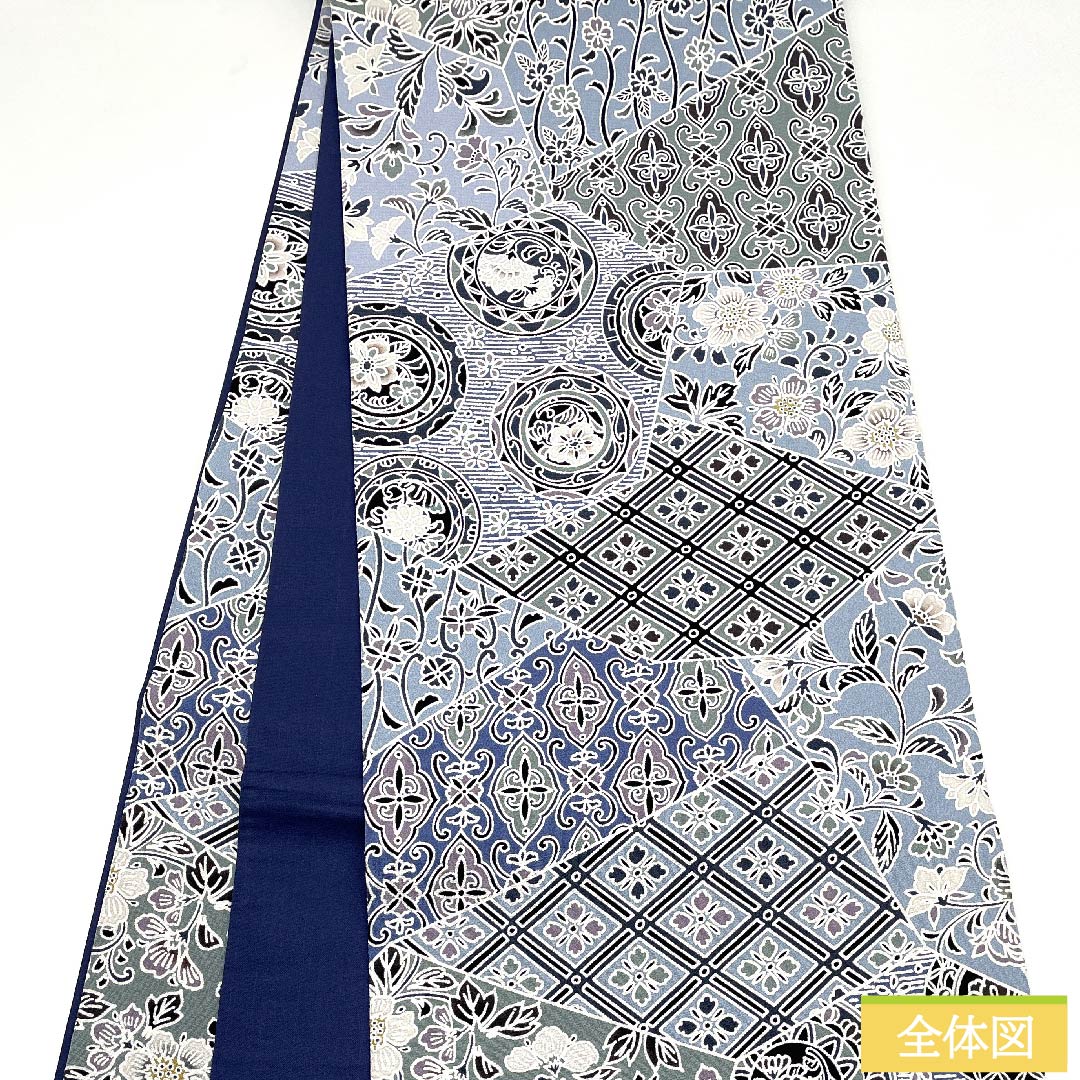 袋帯 薄藍色(うすあいいろ) 切り嵌め風 花柄 帯丈453cm 正絹 Sランク 全通 カジュアル 水色系 1123009632424