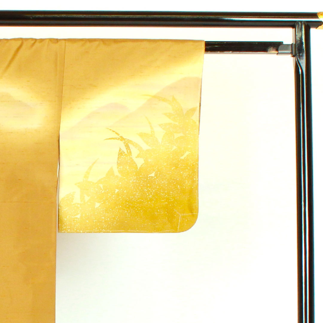 訪問着 袷 身丈157cm 裄丈63cm 牛首紬 遠山 草葉模様 正絹 Sランク 黄系 1112000522323