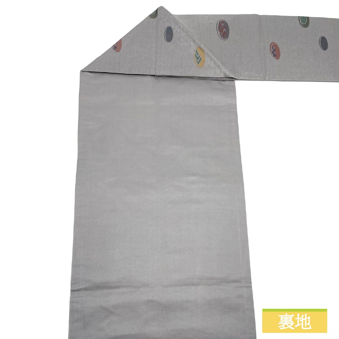 名古屋帯 正絹 Sランク 錫色(すずいろ) 丸に古典柄 市松地 帯丈352cm 六通 カジュアル グレー系 1124010782322 名古屋仕立て