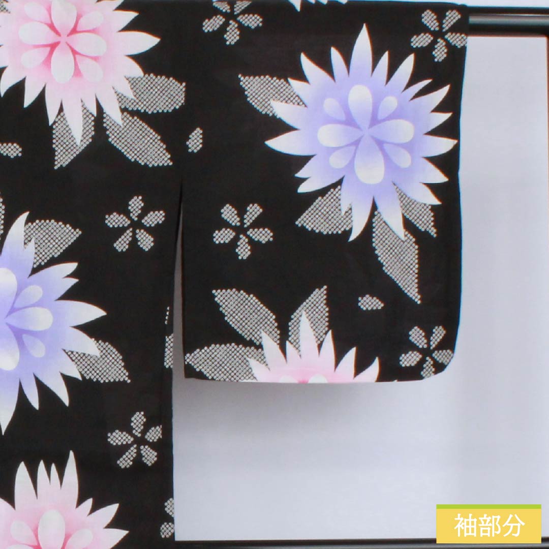 Cotton Yukata, Length 164cm, Sleeve Length 68.5cm, S Rank, Single Layer, Black with Floral Pattern, 1118006562410