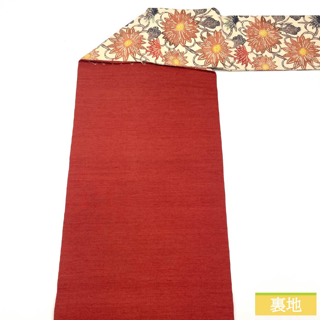 名古屋帯 正絹 Sランク 生成り色(きなりいろ) 型染 洋花模様 帯丈340cm 六通 カジュアル クリーム系 1124009772315 名古屋仕立て
