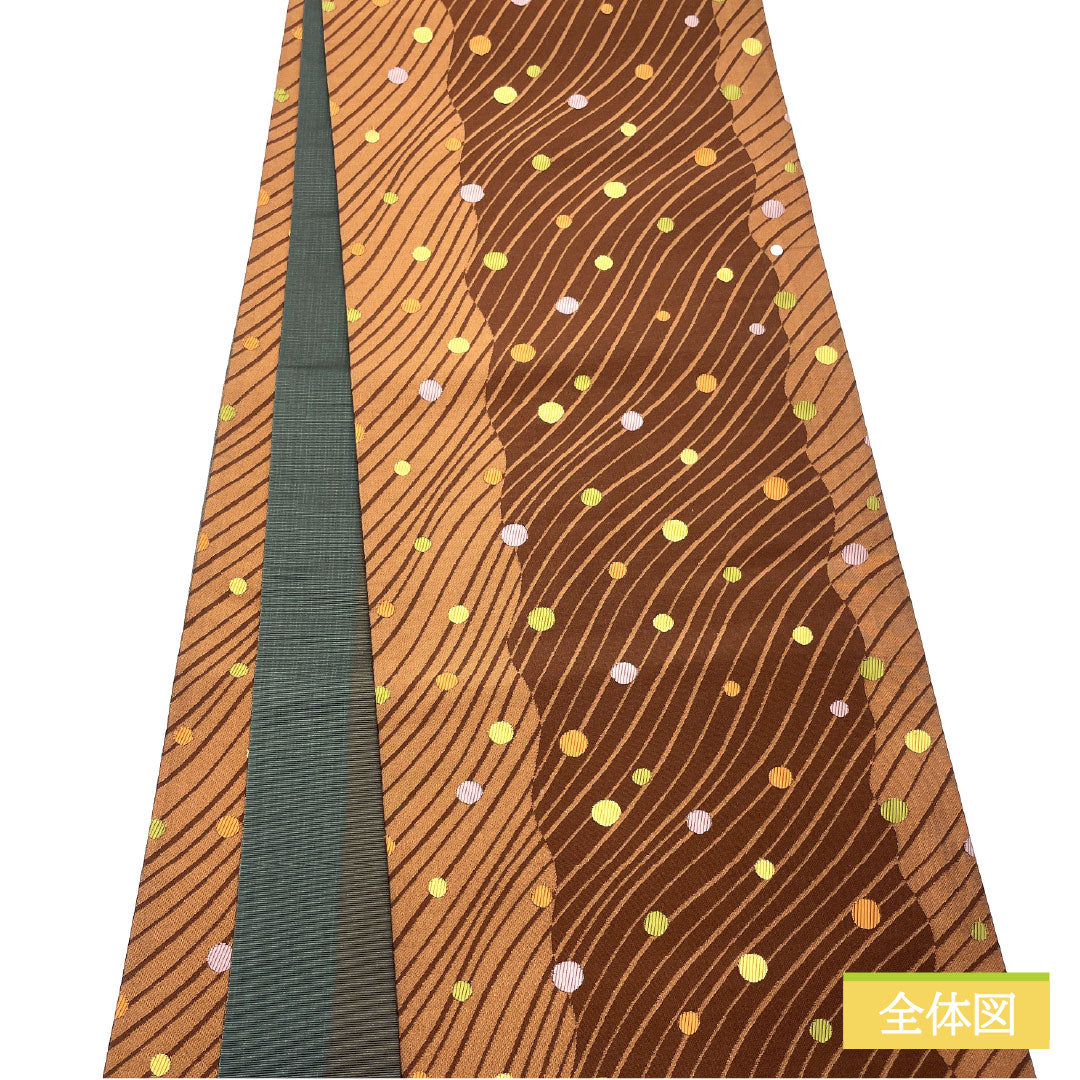 袋帯 ポリエステル Aランク 水玉模様 リバーシブル 縞 帯丈456cm 全通 カジュアル 茶系 1123016153414