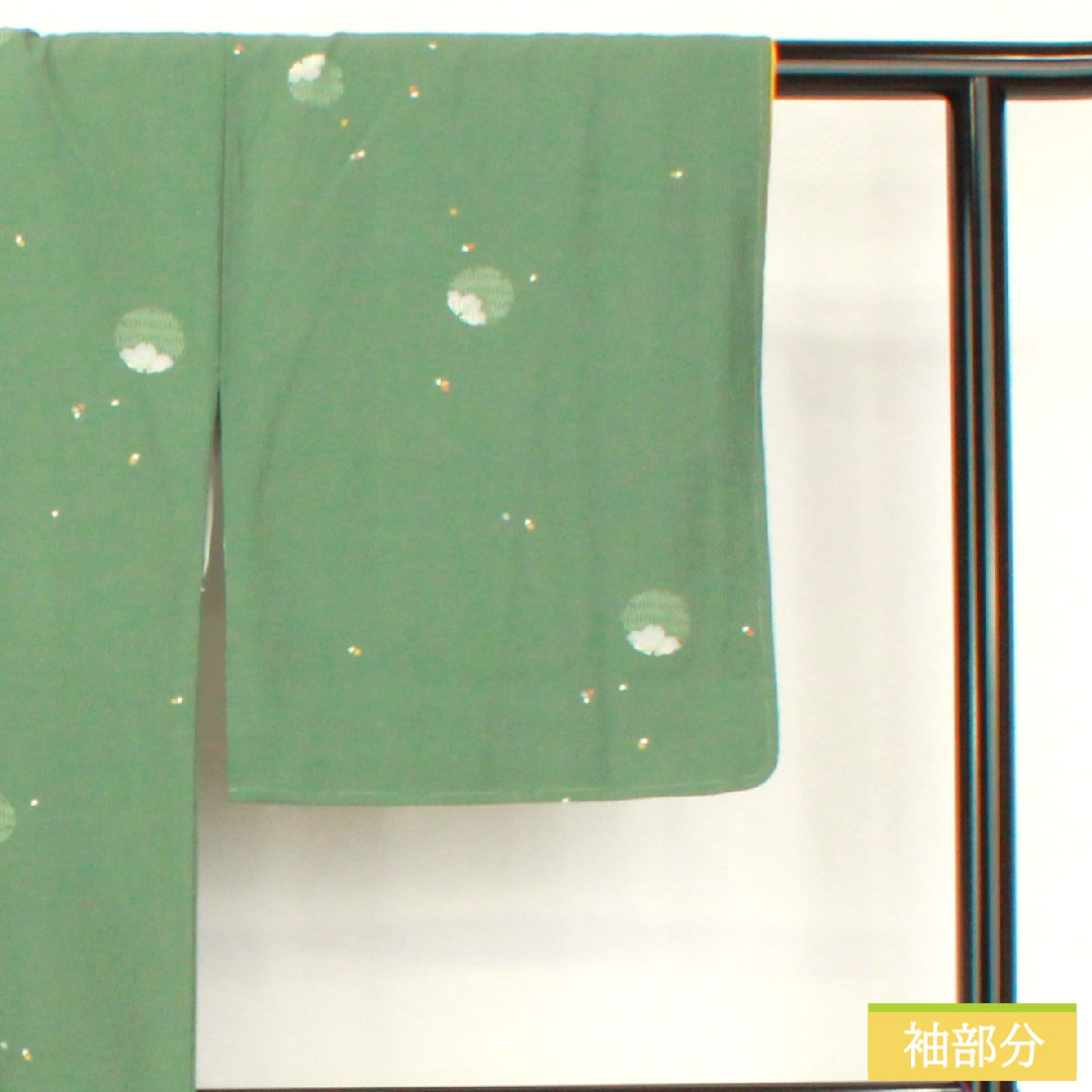 小紋 ポリエステル 身丈166.5cm 裄丈67cm 袷 千種色(ちぐさいろ) 洗える着物 雪輪 花びら散らし しつけ糸付き Sランク 緑系 1115004832519