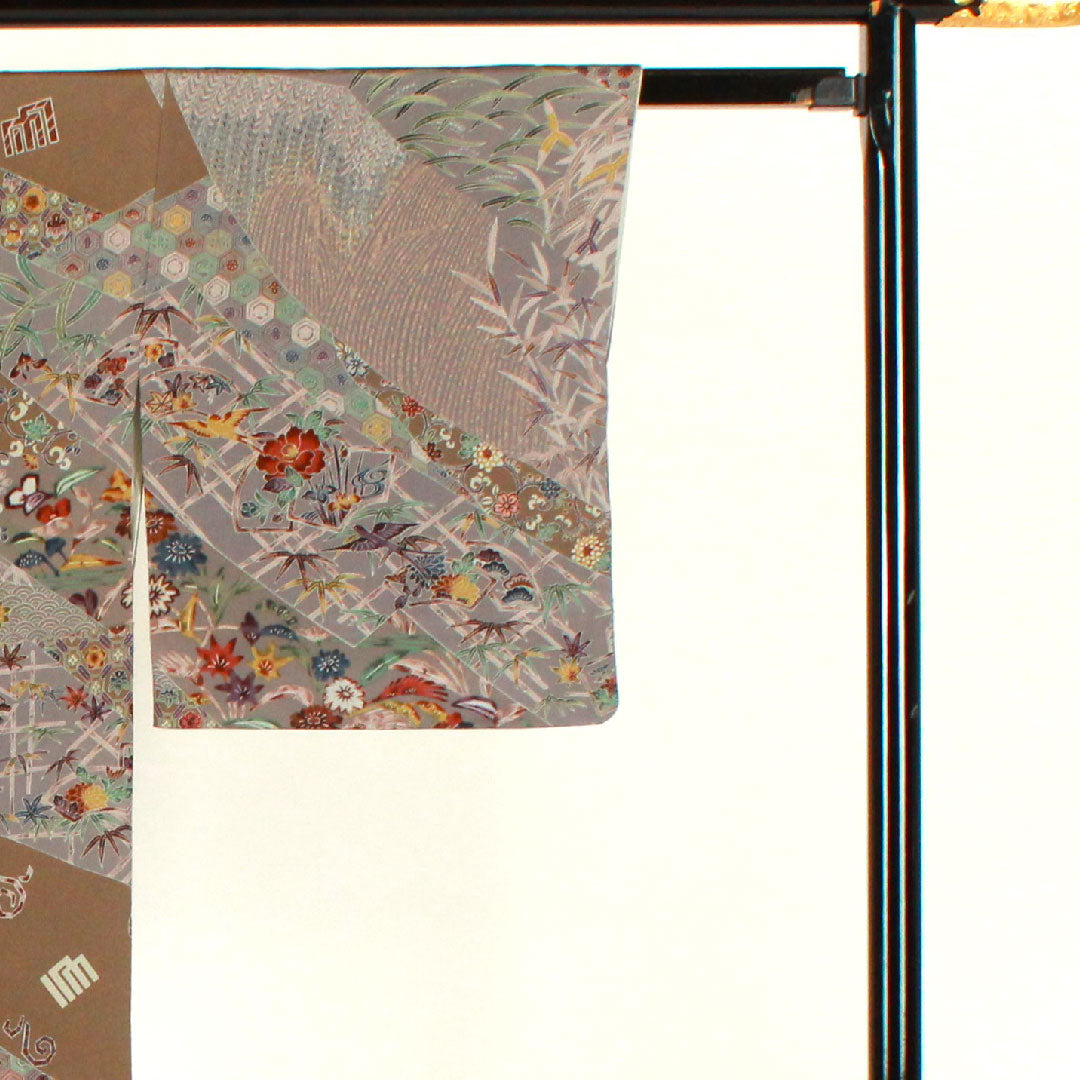 訪問着 袷 身丈165.5cm 裄丈66cm 京紅型 源氏香 草花模様 正絹 Aランク グレー系 1112001453522