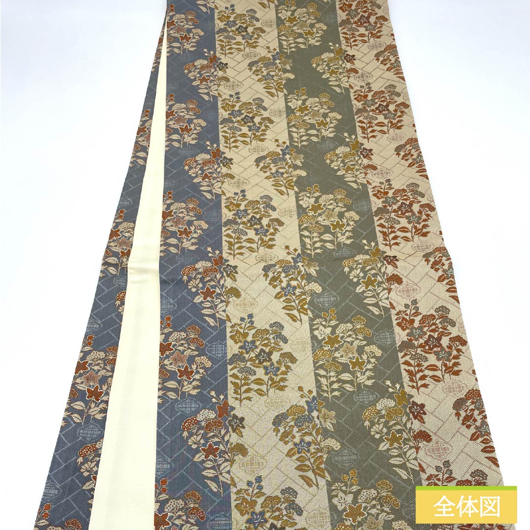 袋帯 正絹 蕎麦切色(そばきりいろ) 花模様 檜垣 京袋帯 帯丈372cm Sランク 全通 カジュアル ベージュ系 1123012792325