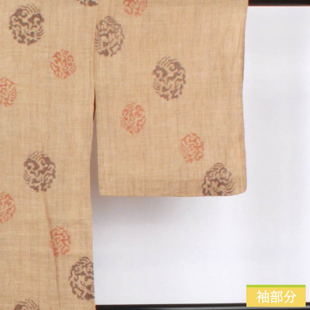 Summer linen tsumugi (pongee) kimono, length 151.5cm, sleeve length 63.5cm, walnut color, abstract pattern, horizontal double kasuri, gauze, S rank, brown, 1132002692214