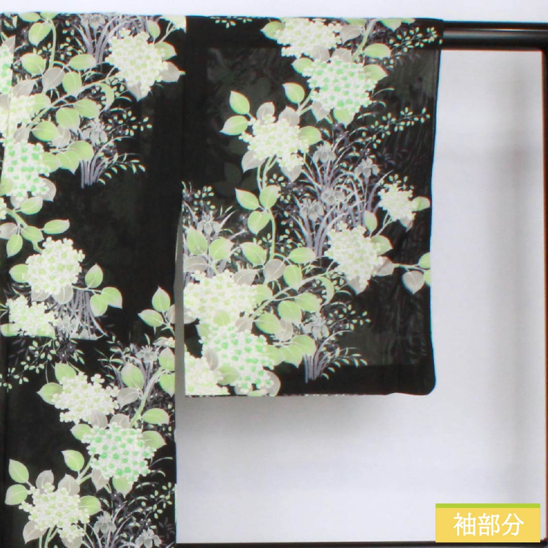 夏物 ポリエステル 小紋 身丈167cm 裄丈63.5cm 紫陽花 菖蒲 洗える着物 絽 Aランク 黒系 1132002283510