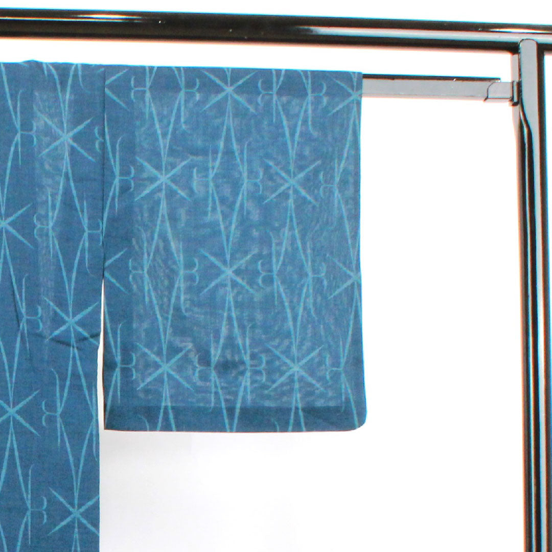 Summer wool tsumugi Length 153.5cm Sleeve length 61.5cm Back color (urai-ro) Geometric pattern Summer wool Gauze S rank Blue 1132001262217