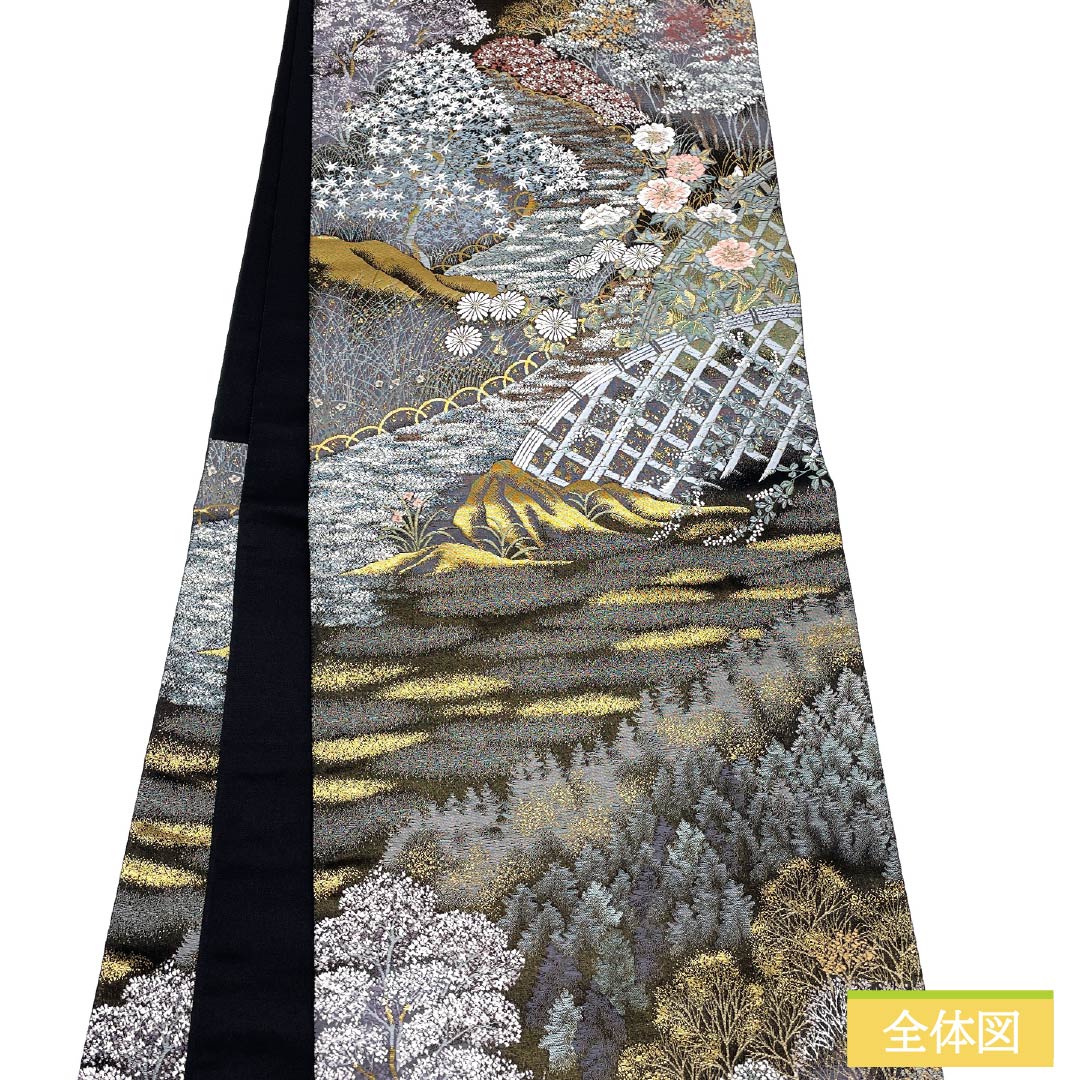 袋帯 正絹 黒色(くろいろ) 九百錦 高原有情 風景 花模様 帯丈426cm Sランク 六通 フォーマル 黒系 1123012042310