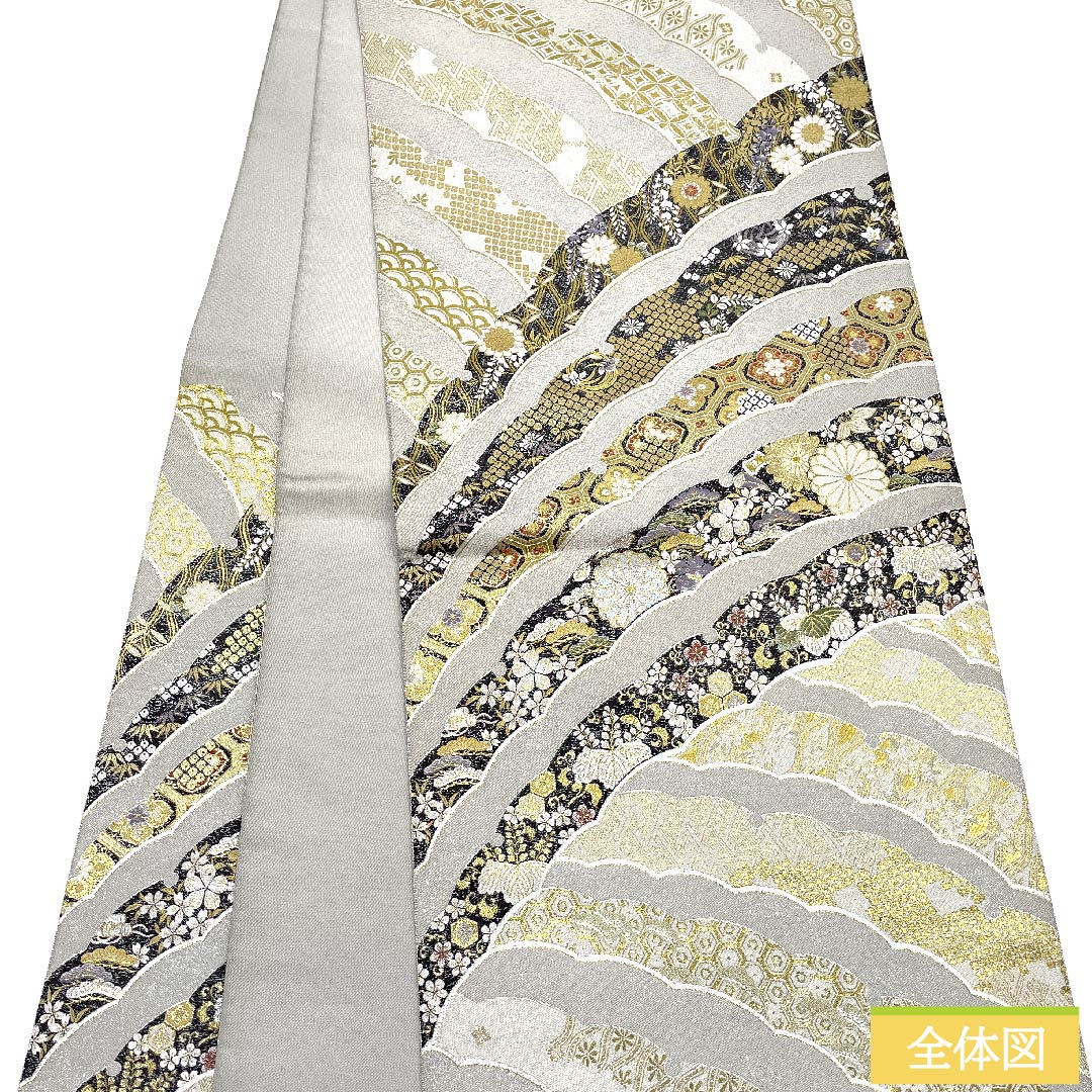 袋帯 正絹 銀白色色(ぎんはくしょくいろ) 平田藤三郎 雪輪 古典柄 花柄 帯丈436cm Sランク 六通 フォーマル 銀系 1123010872322