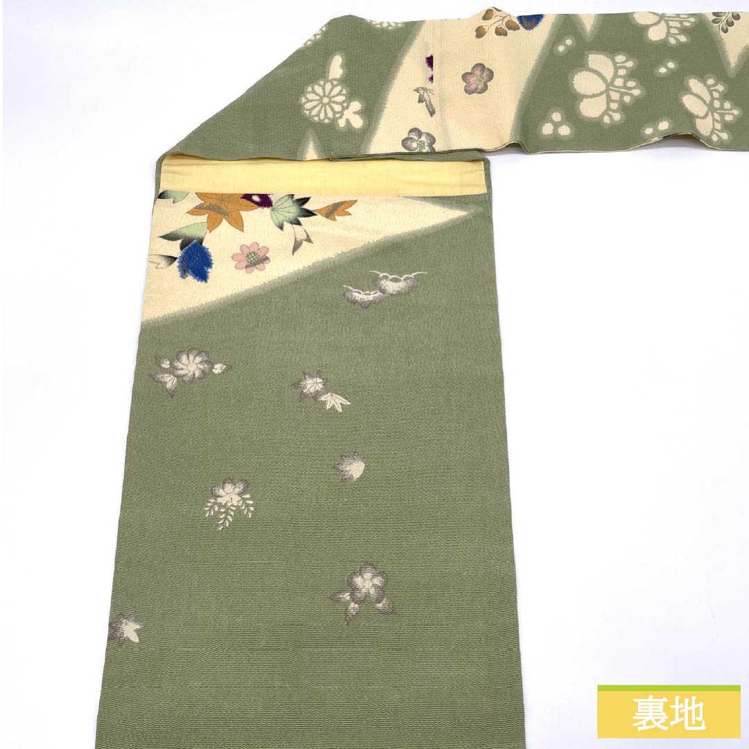 名古屋帯 正絹 Aランク 柳茶色(やなぎちゃいろ) ちりめん地 辻ヶ花 染め帯 帯丈347cm ポイント柄 カジュアル 緑系 1124009183319 名古屋仕立て