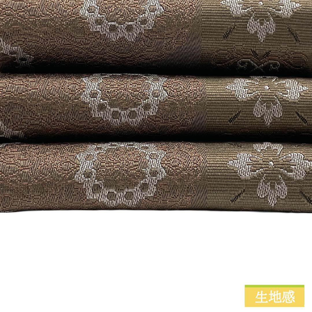 (新品)半幅帯 ポリエステル NEWランク 茶鼠色(ちゃねずいろ) 黒鼠色(くろねずいろ) 華紋 三角形 広幅 リバーシブル 帯丈403cm 茶系 1125006321414
