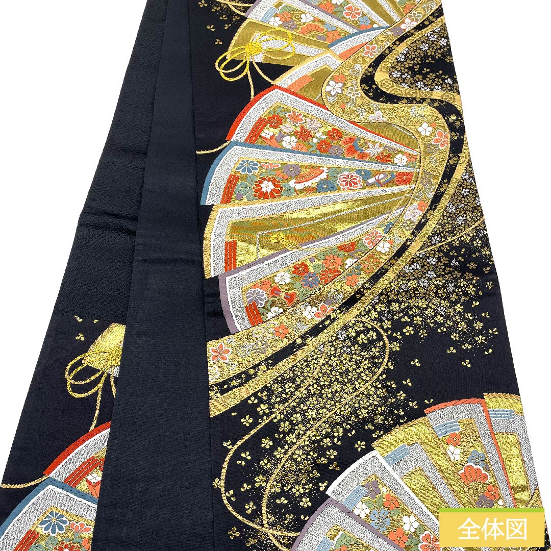 袋帯 黒色 鼓典錦 宝尽くし 扇 菊 帯丈456cm 正絹 Sランク 六通 フォーマル 黒系 1123010392410