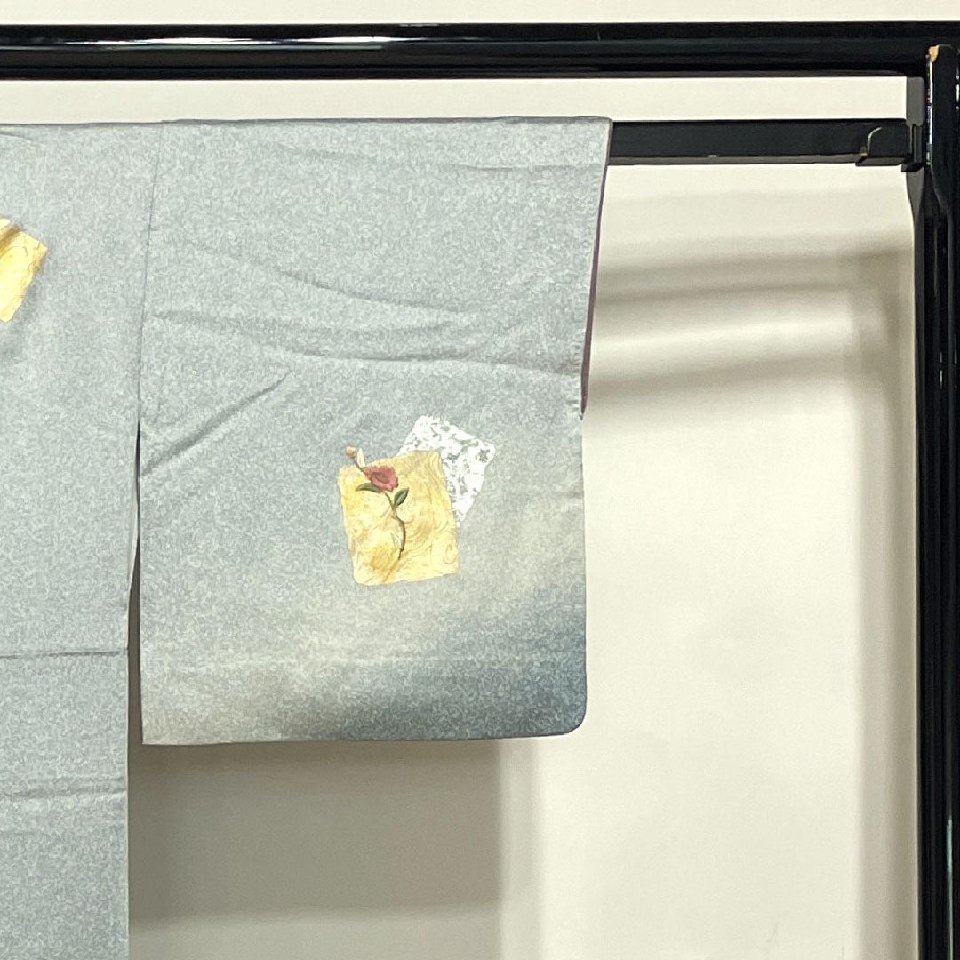 訪問着 袷 身丈149.5cm 裄丈62cm 白銅色 刺繡 金彩 草花模様 正絹 Bランク グレー系 1112001794122