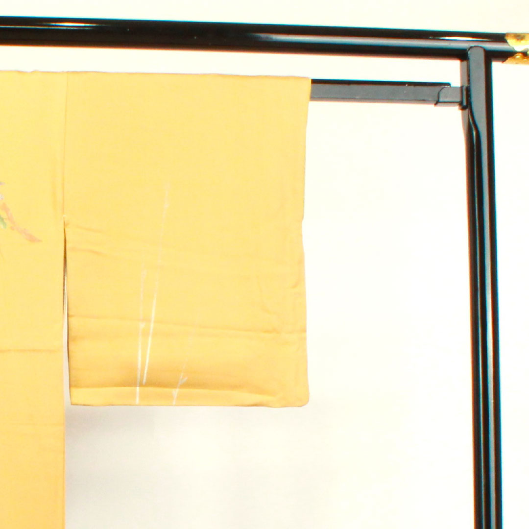 Homongi, pure silk, lined, length 147cm, sleeve length 63cm, light tangerine color, gold leaf finish, floral pattern, S rank, yellow, 1112003092123