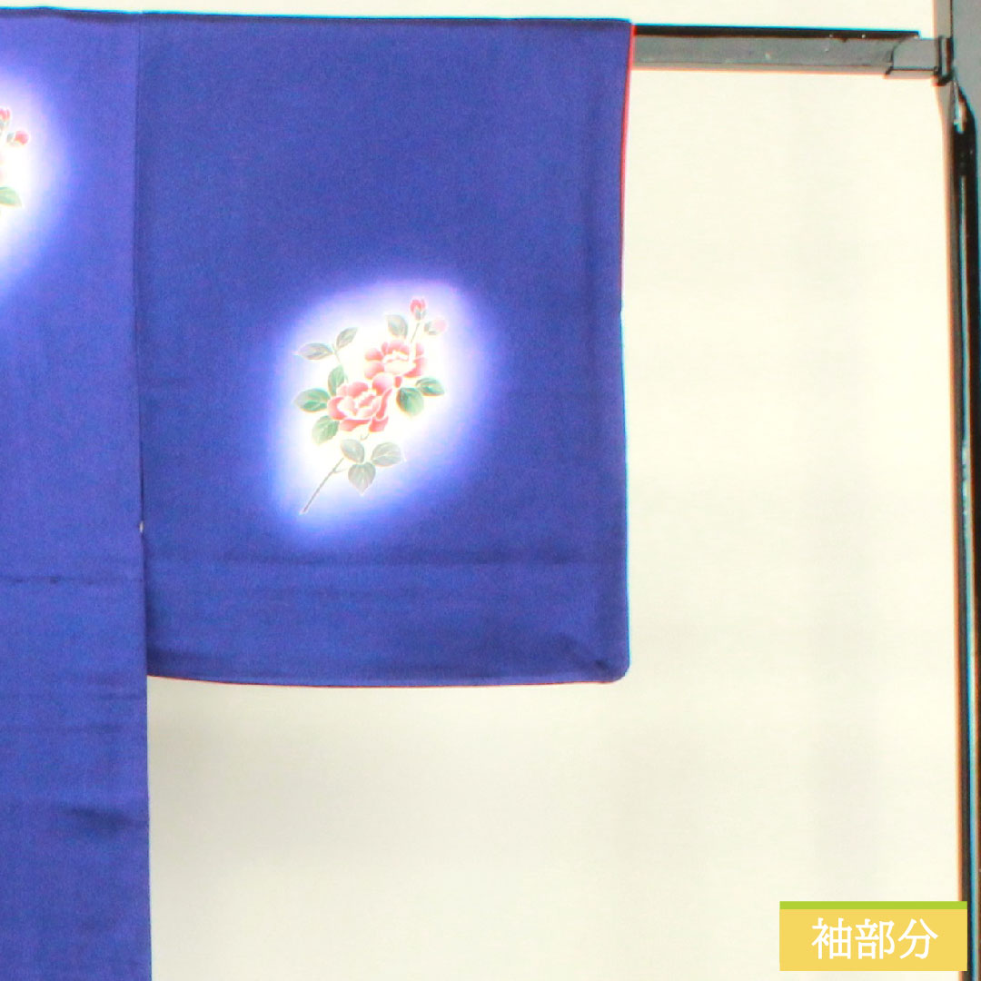 Homongi, pure silk, lined, length 150cm, sleeve length 62.5cm, blue-purple, floral pattern, fan, S rank, navy blue, 1112004202118