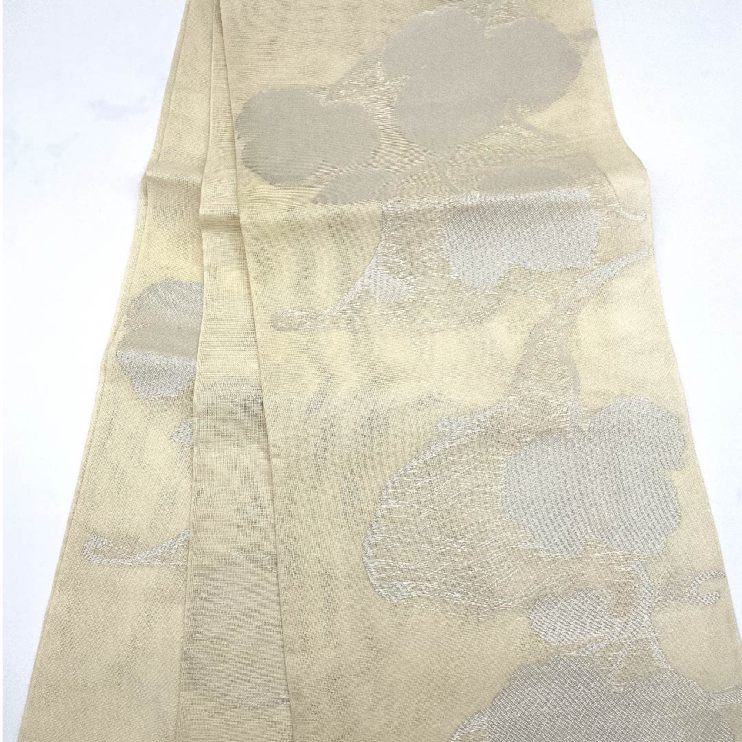 Nagoya obi, natural color, summer obi, gauze, foil, Kyoto bag obi, ivy leaf, obi length 366cm, pure silk, S rank, full length, semi-formal, cream color, 1124004092315, open style
