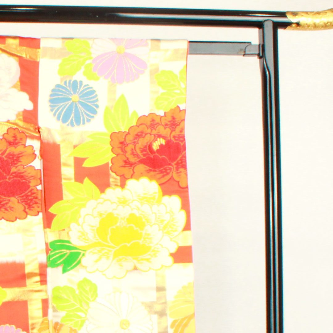 色打掛 身丈185cm 緋色 市松 花模様 正絹 Aランク 袷 朱系 1110000493916