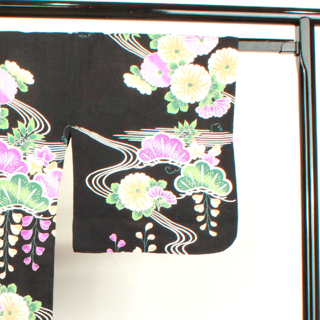 浴衣 松 菊 藤 流水 木綿 Sランク 単衣 身丈165cm 裄丈66.5cm 黒系 1118003932510