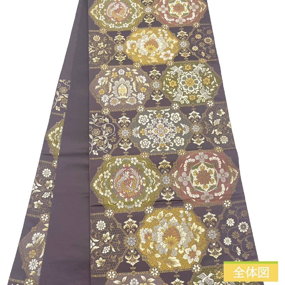 袋帯 正絹 中滅紫色(なかのけしむらさきいろ) 留袖用 正倉院文様 唐花 鳳凰 帯丈442cm Sランク 六通 フォーマル 紫系 1123014292320