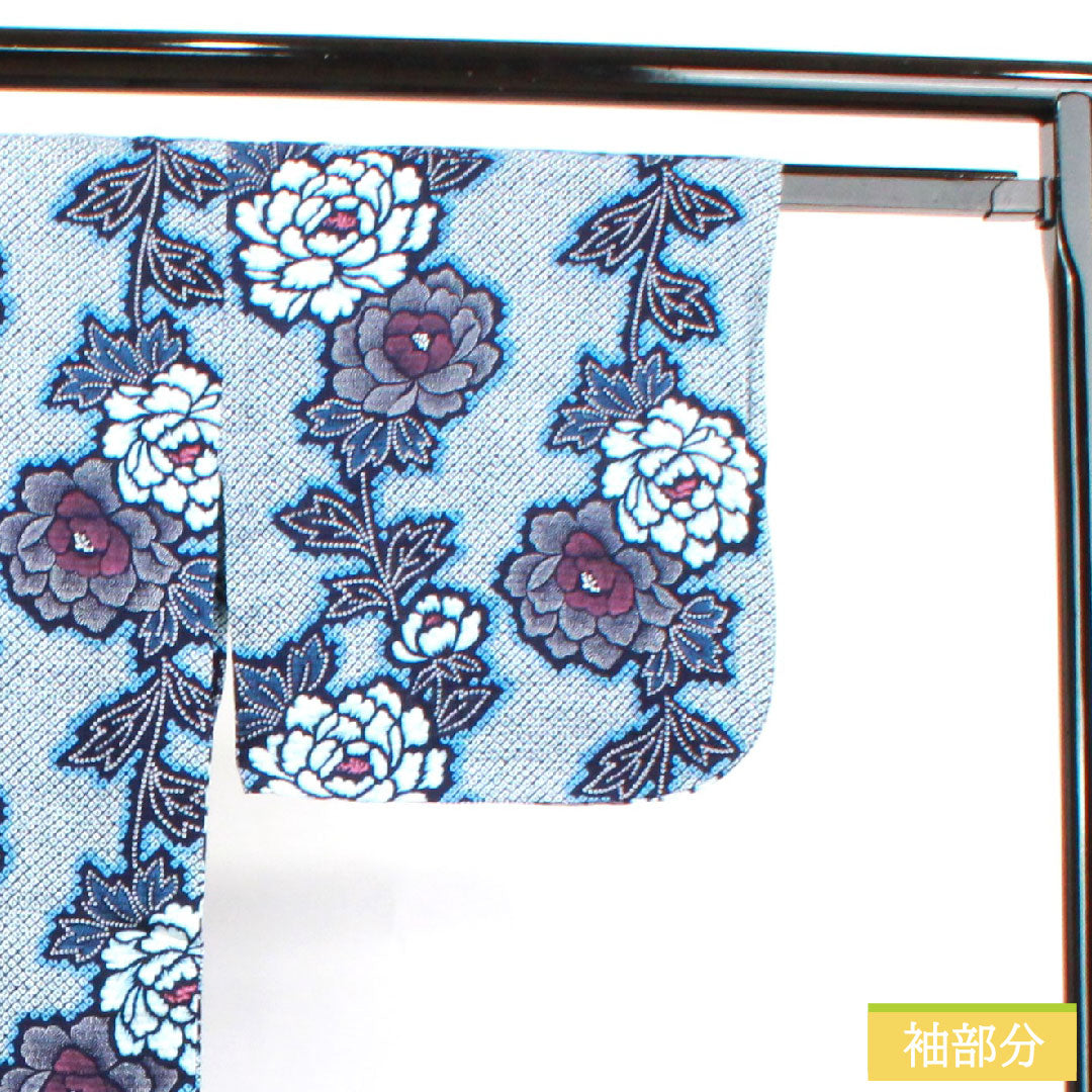 浴衣 木綿 身丈156cm 裄丈65.5cm Sランク 単衣 紺系 濃紺色(のうこんいろ) リップル 牡丹 1118004642318