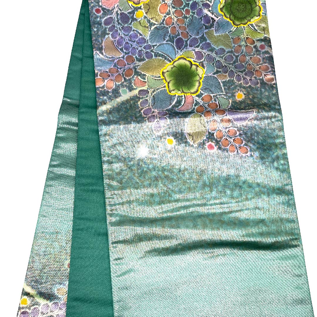 袋帯 千種色(ちぐさいろ) 銀通し 辻ヶ花 帯丈428cm 正絹 Sランク ポイント柄 セミフォーマル 緑系 1123008822319
