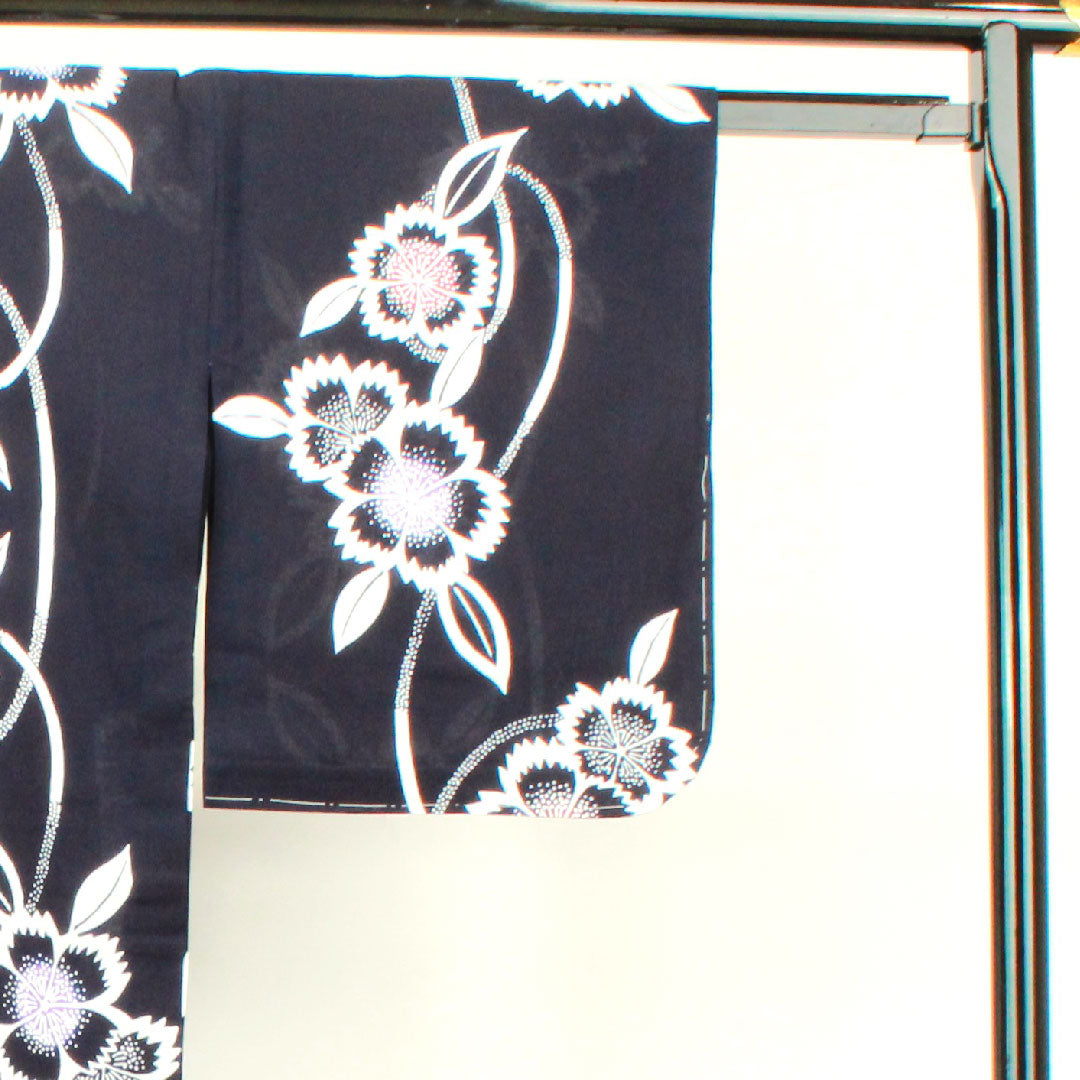 浴衣 しつけ糸付き 未使用品 褐色 撫子 木綿 Sランク 単衣 身丈162cm 裄丈64.5cm 紺系 1118002062418