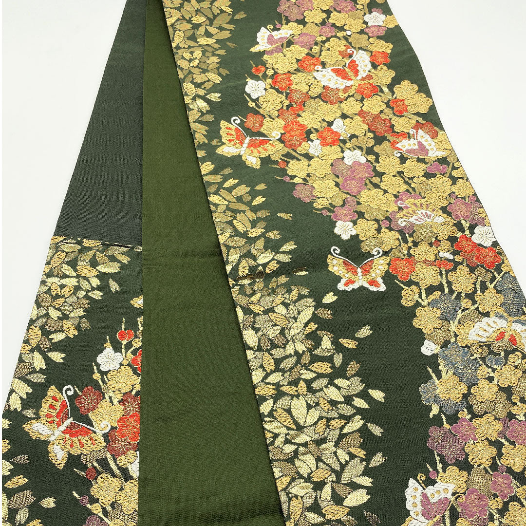 袋帯 革色(かわいろ) 振袖用 蝶 桜 帯丈438cm 正絹 Aランク 六通 フォーマル 緑系 1123005003319