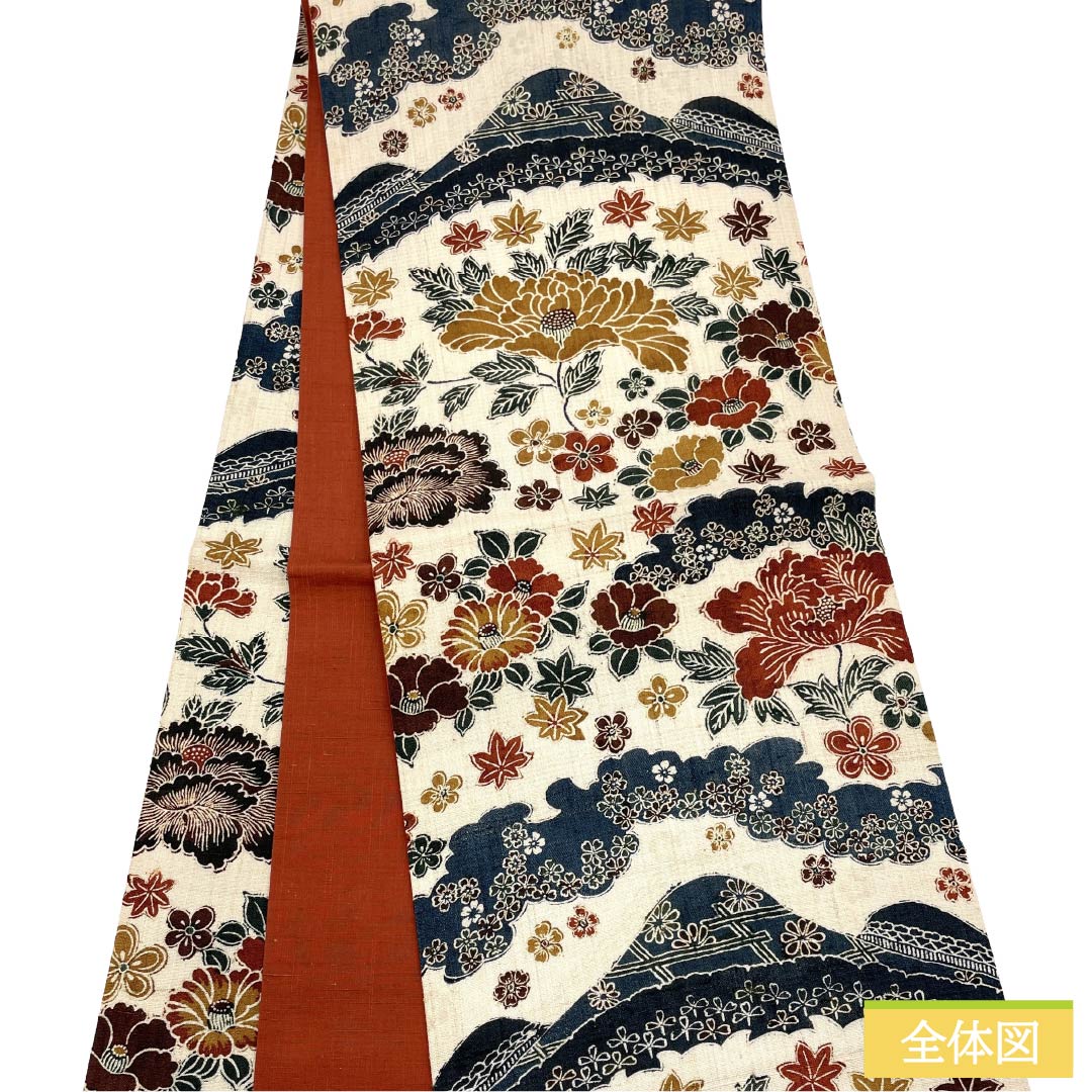 名古屋帯 正絹 Sランク 開き仕立て 練色(ねりいろ) 型染 草花模様 花柄 帯丈372cm 全通 カジュアル クリーム系 1124012172315