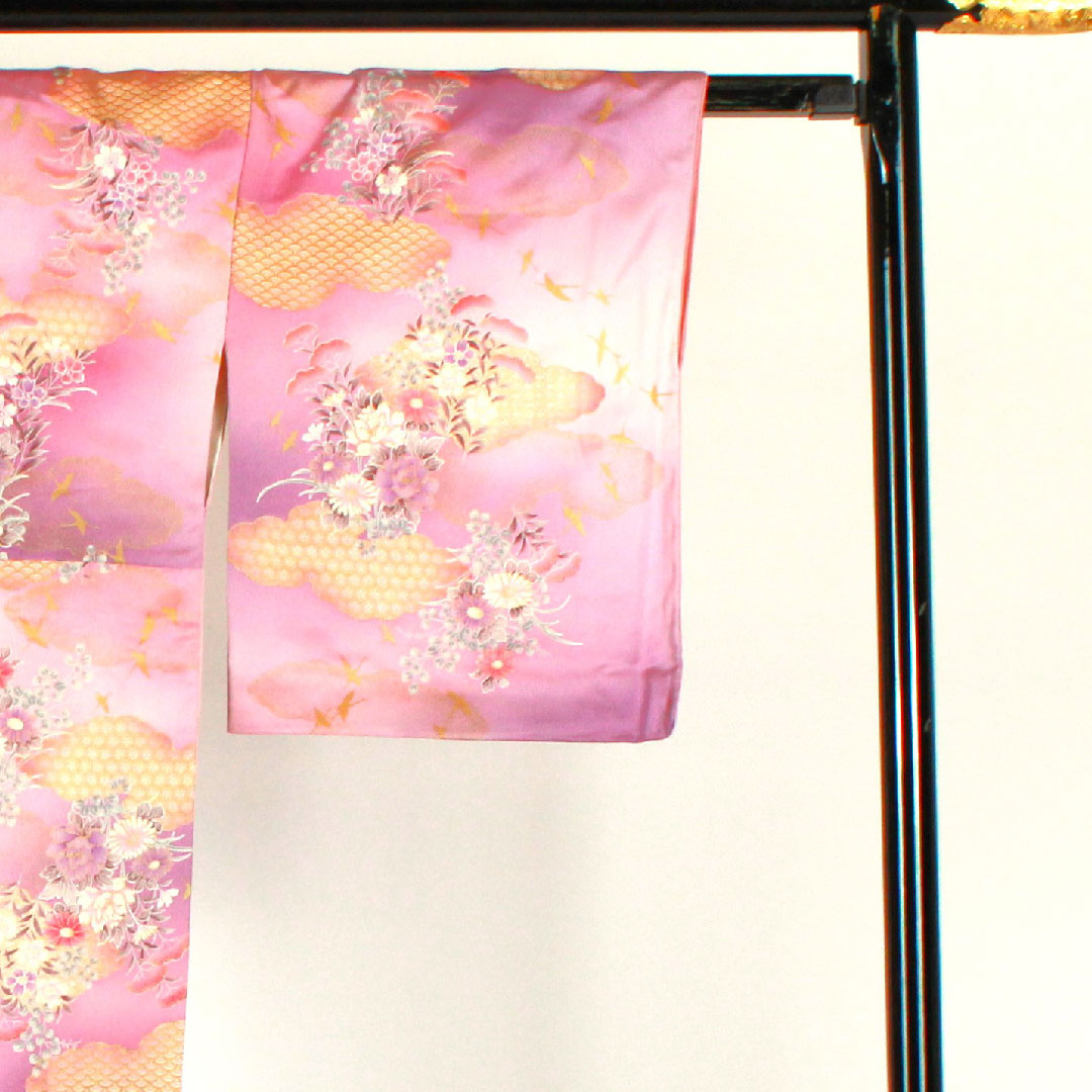 小紋 身丈158cm 裄丈65cm 袷 洗える着物 雲取り 草花模様 ポリ Aランク 紫系 1115001623320