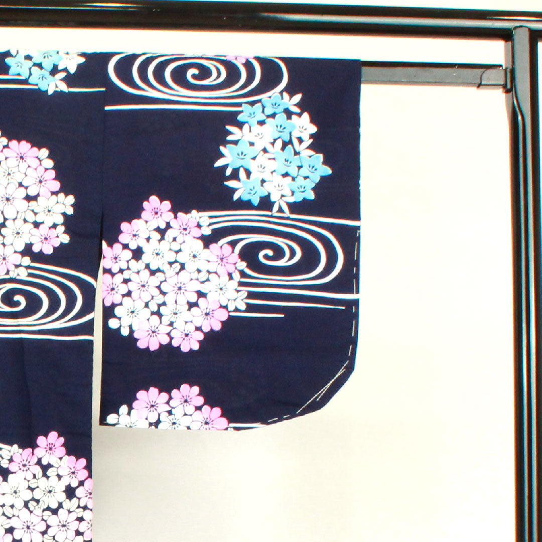 浴衣 しつけ糸付き 未使用品 濃紺色 紫陽花 木綿 Sランク 単衣 身丈151.5cm 裄丈64.5cm 紺系 1118002712218