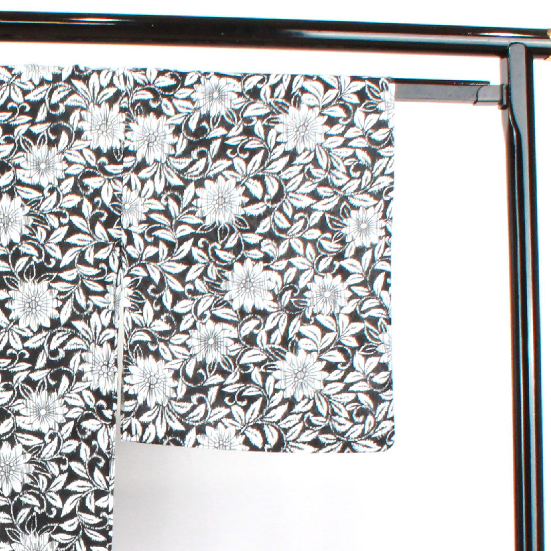 夏物 ポリエステル 小紋 身丈167cm 裄丈68cm 竪絽(たてろ) ガーベラ 洗える着物 絽 Sランク 黒系 1132001762510