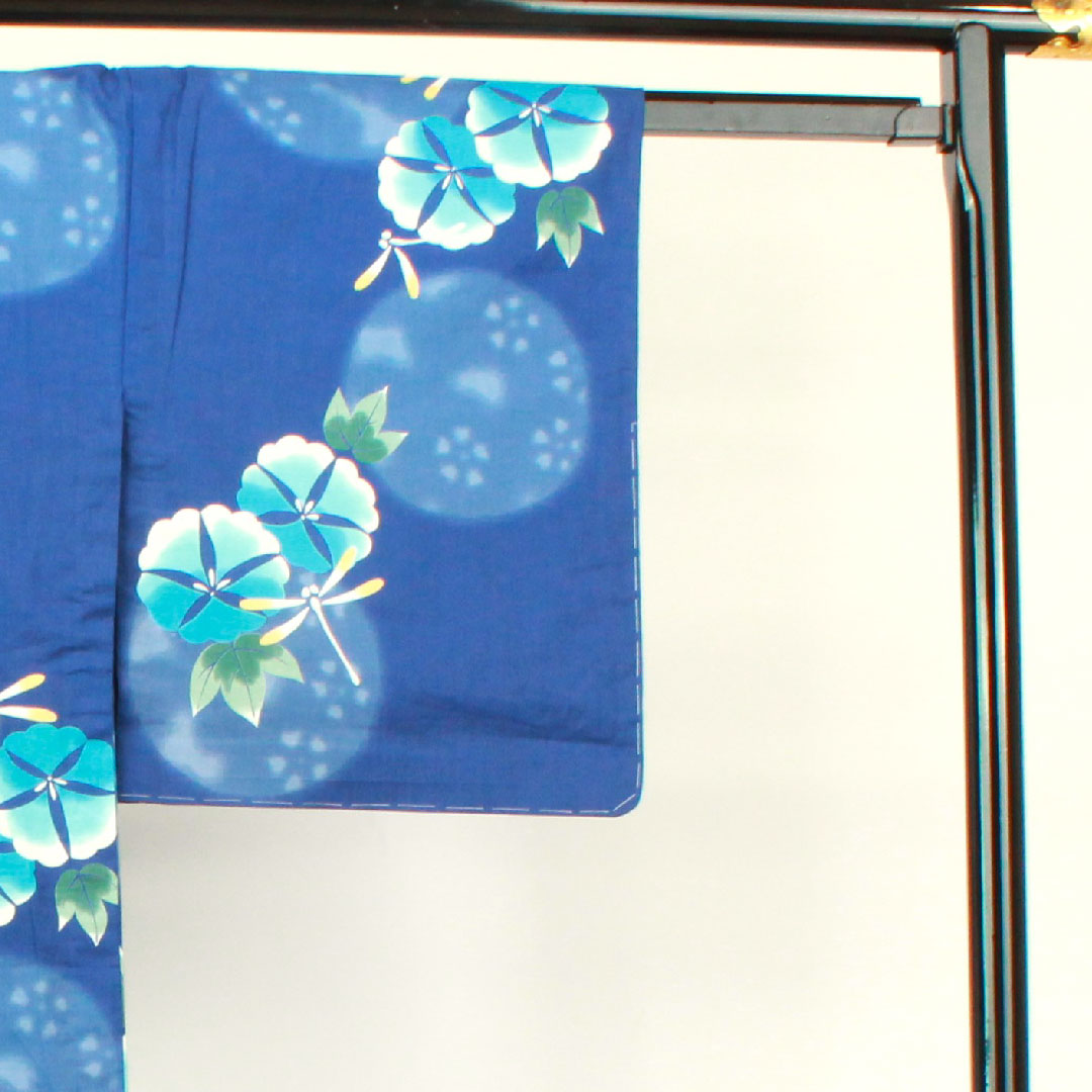 浴衣 しつけ糸付き 未使用品 紺瑠璃色 トンボ 朝顔 木綿 Sランク 単衣 身丈163.5cm 裄丈67.5cm 紺系 1118002202418