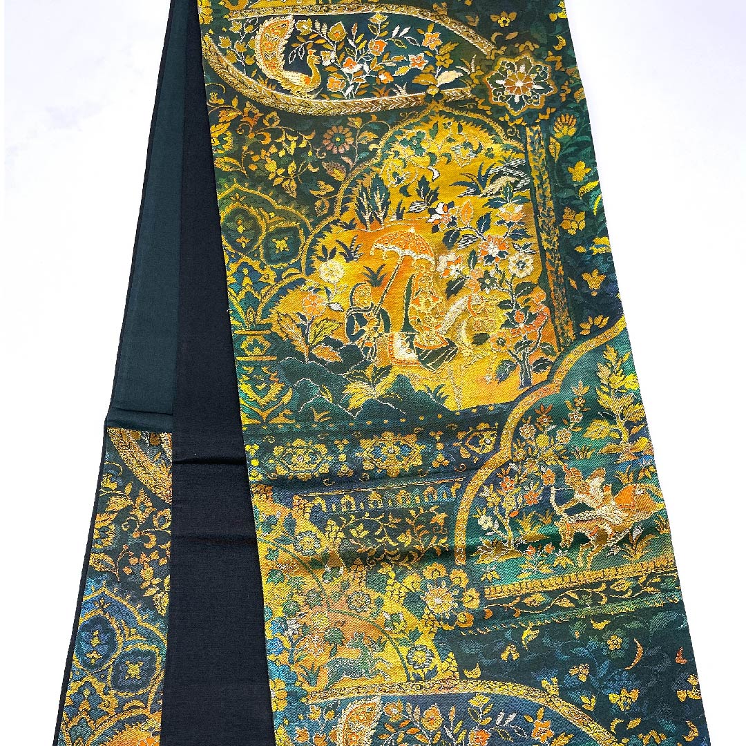袋帯 ペルシャ模様 玉虫色 帯丈417cm 正絹 Sランク 六通 セミフォーマル 緑系 1123008432319