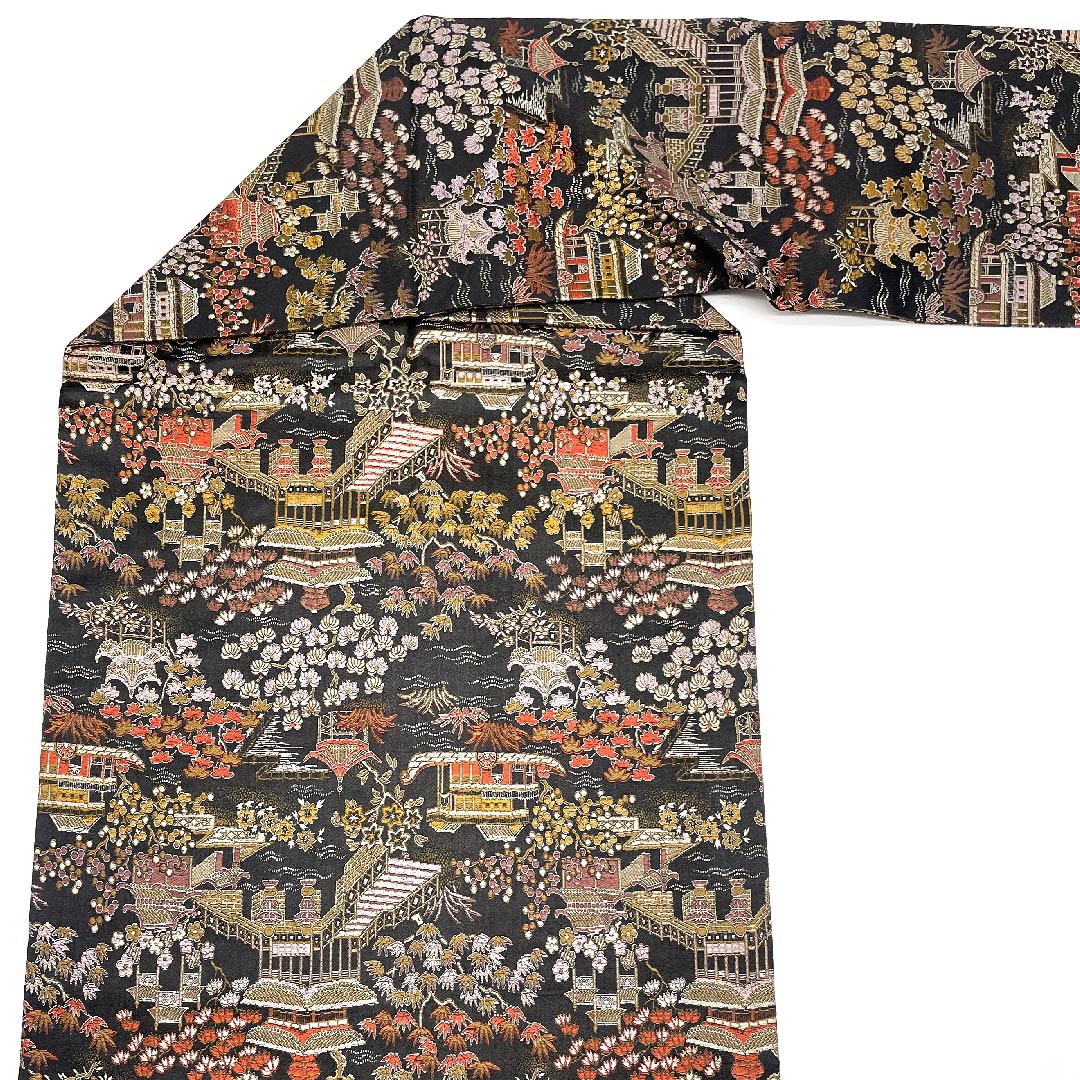 名古屋帯 黒色 寺院 花模様 帯丈339cm 正絹 Sランク 全通 カジュアル 黒系 1124003792310 名古屋仕立て