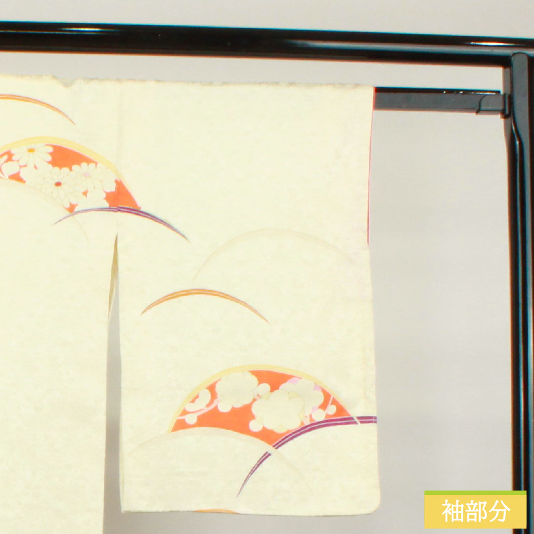 訪問着 正絹 袷 身丈162.5cm 裄丈63.5cm 乳白色 京友禅 扇面 草花模様 しつけ糸付き 未使用品 Sランク クリーム系 1112003412415