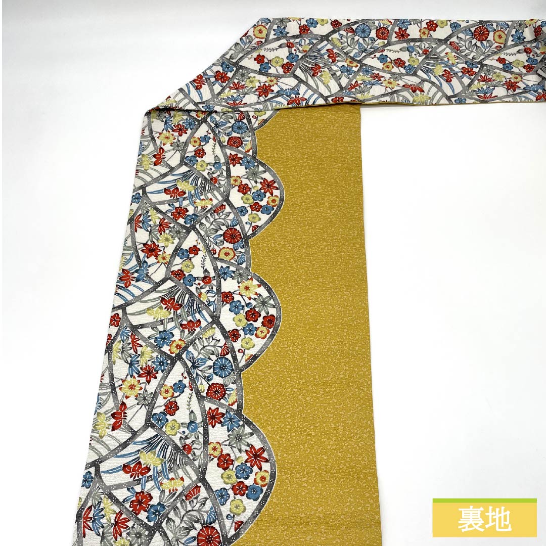 名古屋帯 金色色(こんじきいろ) 京紅型 紅型調 梅 帯丈373cm 正絹 Sランク 全通 カジュアル 黄系 1124006862323 名古屋仕立て