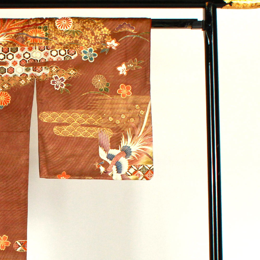 訪問着 袷 身丈165.5cm 裄丈68cm 京友禅 鳳凰 吉祥文様 正絹 Aランク 茶系 1112001063514