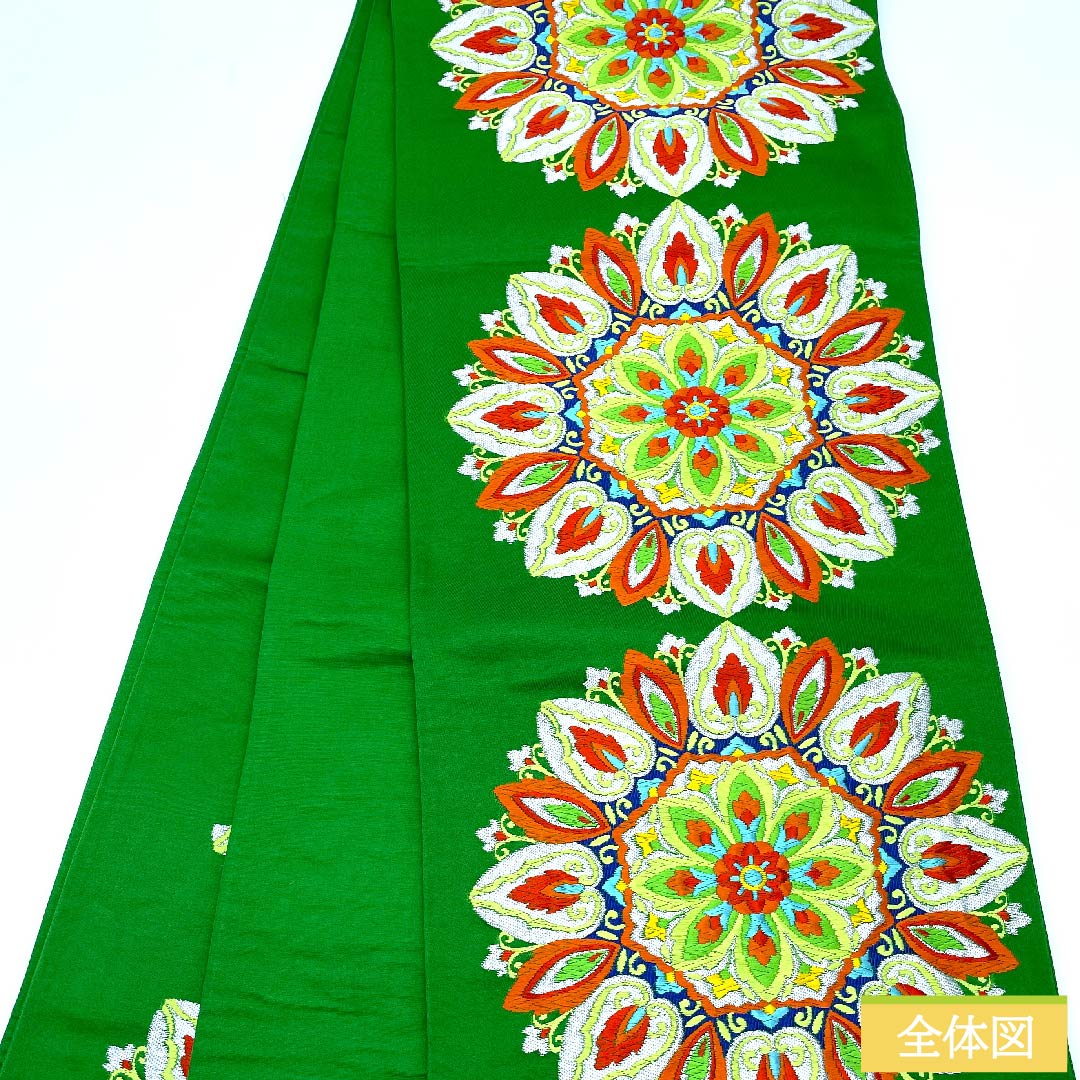 袋帯 緑色 宝相華 帯丈418cm 正絹 Sランク 六通 フォーマル 緑系 1123010362319