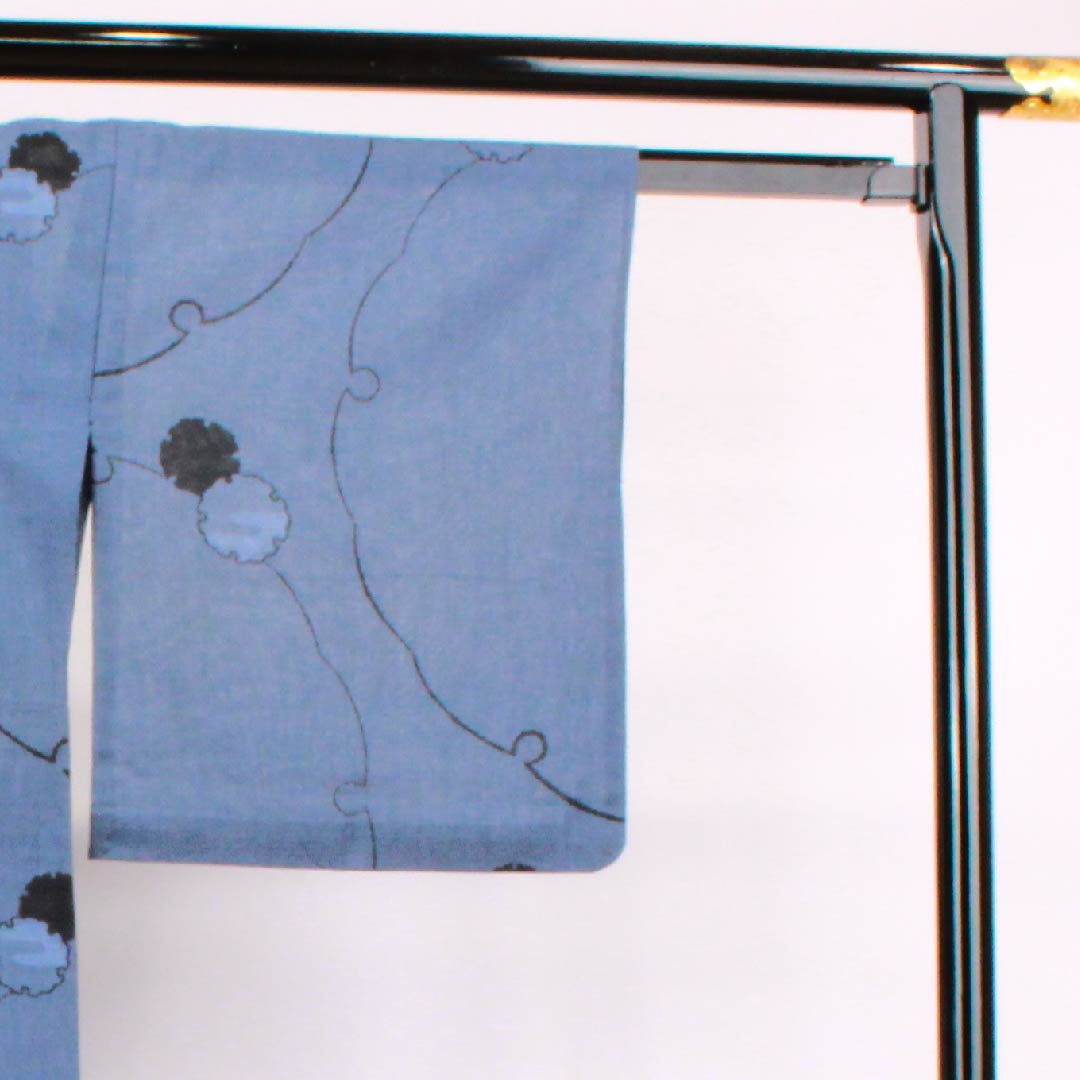 夏物 ポリエステル 小紋 身丈162.5cm 裄丈65cm 瞑色色(めいしょくいろ)雪輪 紗 Sランク 青系 1132000152417